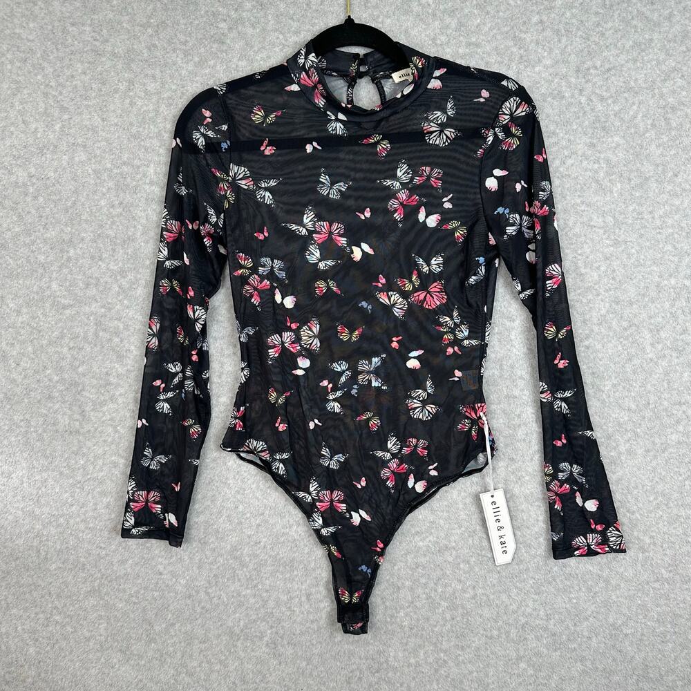 Ellie & Kate Mesh Long Sleeve Bodysuit Women's Size M Black Butterfly Y2K NWT